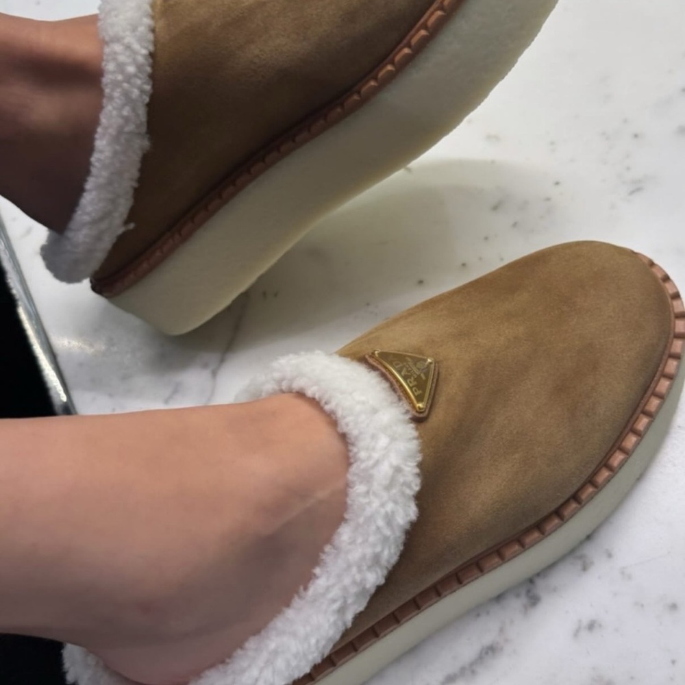 Prada Tan Moccasin Slip-Ons with White Trim